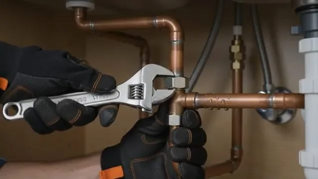Gloved hands tightening a copper supply line under a sink with an adjustable wrench