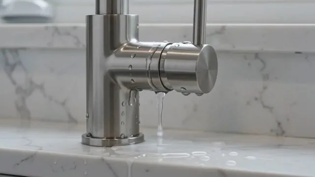 Brushed steel single-handle faucet with a drop of water at the spout over a white marble counter