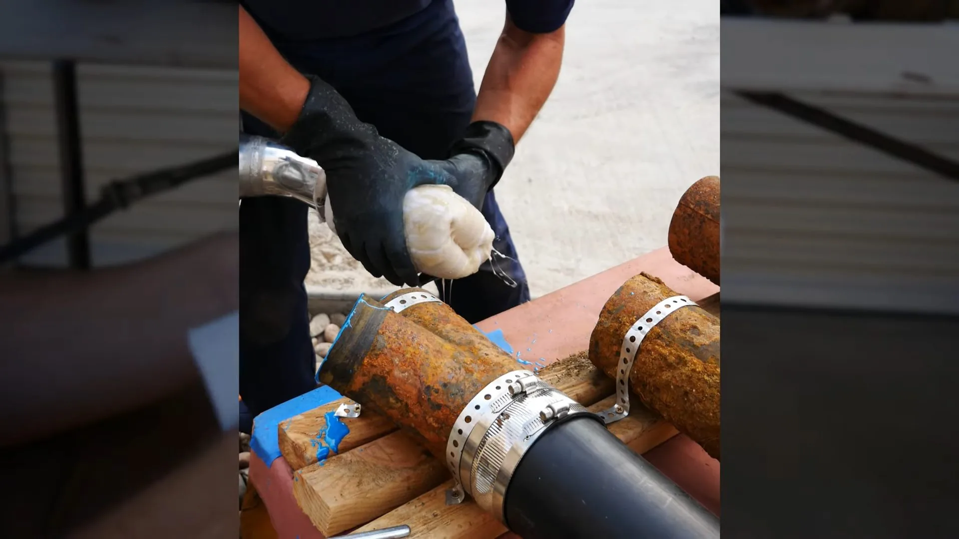 Gloved hands working a clamped rubber coupling that joins black plastic pipe to rusted iron pipe on a wooden stand
