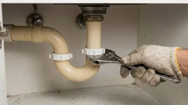 Hand in a work glove holding an adjustable wrench on a cream-colored P-trap under a sink