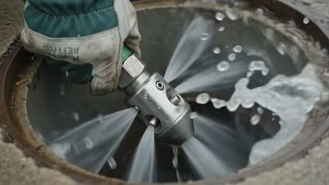Gloved hand holding a jetting nozzle that sprays water in every direction inside a round access pit