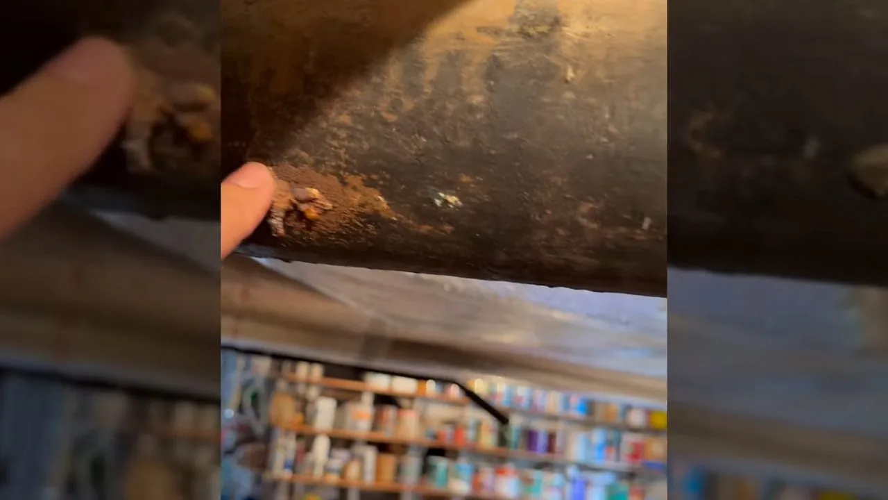 Close view of a pitted, rust-brown iron pipe with shelves of paint cans blurred in the background