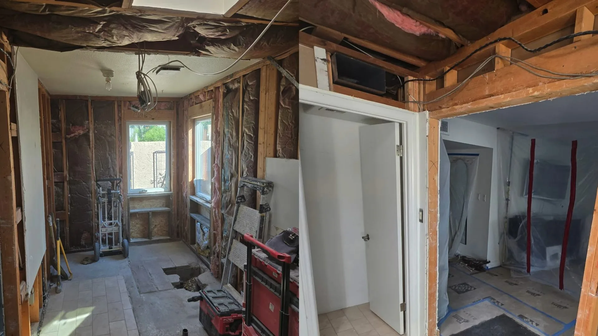 Room stripped to bare wall studs, with a window, an open door and ceiling damage