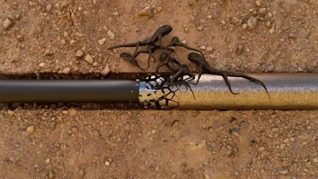 Black pipe laid in orange soil with thin tree roots growing in through its open end